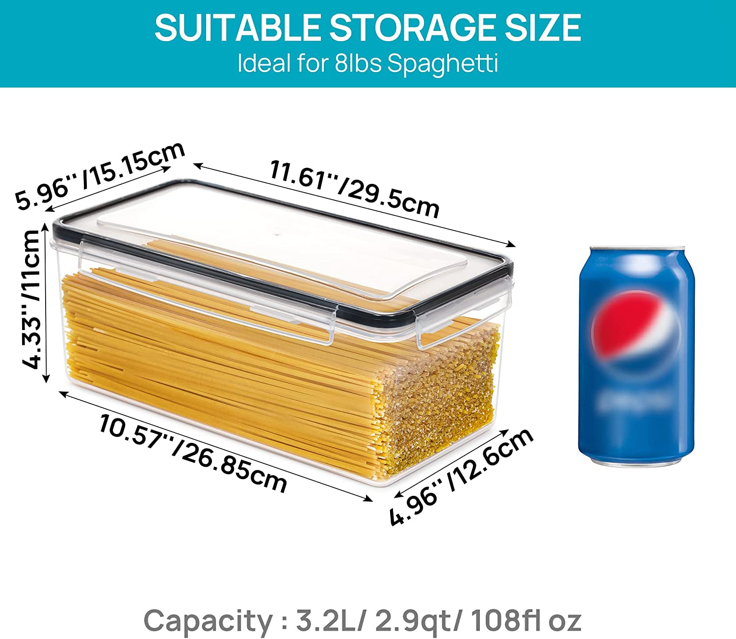 Airtight Food Storage Containers with Lids 4PCS Set 3.2L, Plastic Spaghetti Canisters for Pasta Organizer, BPA Free Air Tight Kitchen Pantry Organization